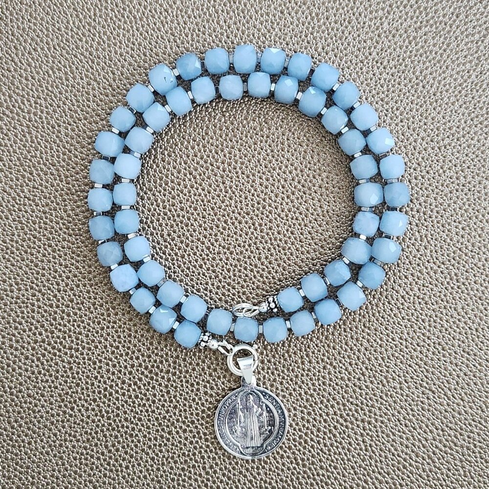 SKY BLUE JADE NECKLACE W/ 925 SAINT BENEDICT--18"